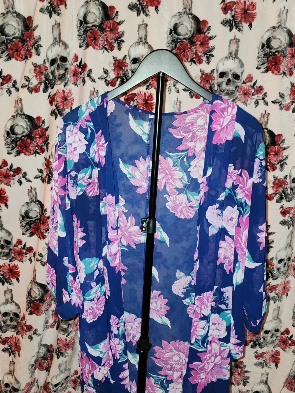 Navy Floral Sheer Kimono Cardigan - Purple & Pink Bloom